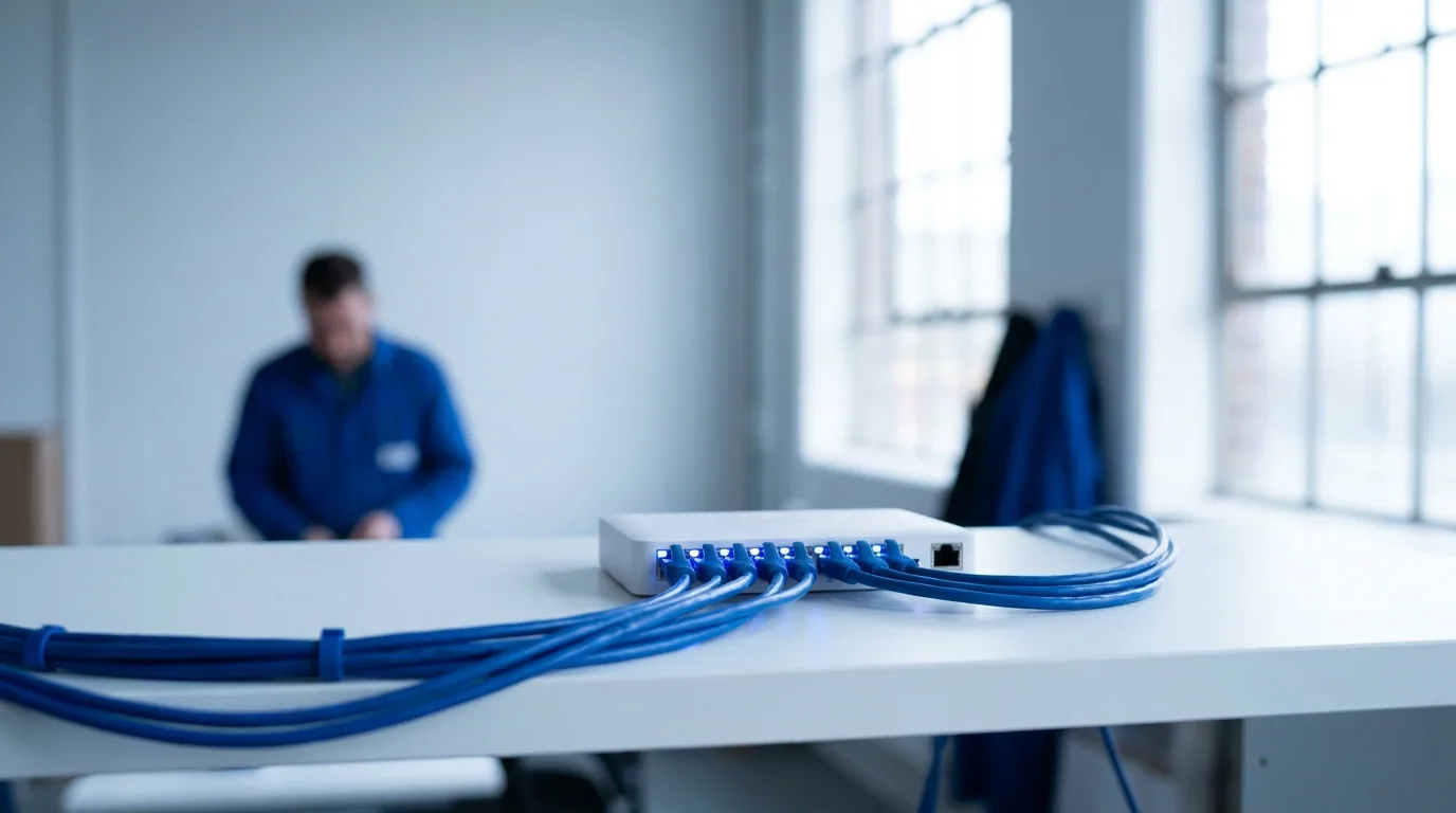 Câbles réseau ordonnés reliés à un commutateur : les webhooks relient vos outils à Mooteck en temps réel