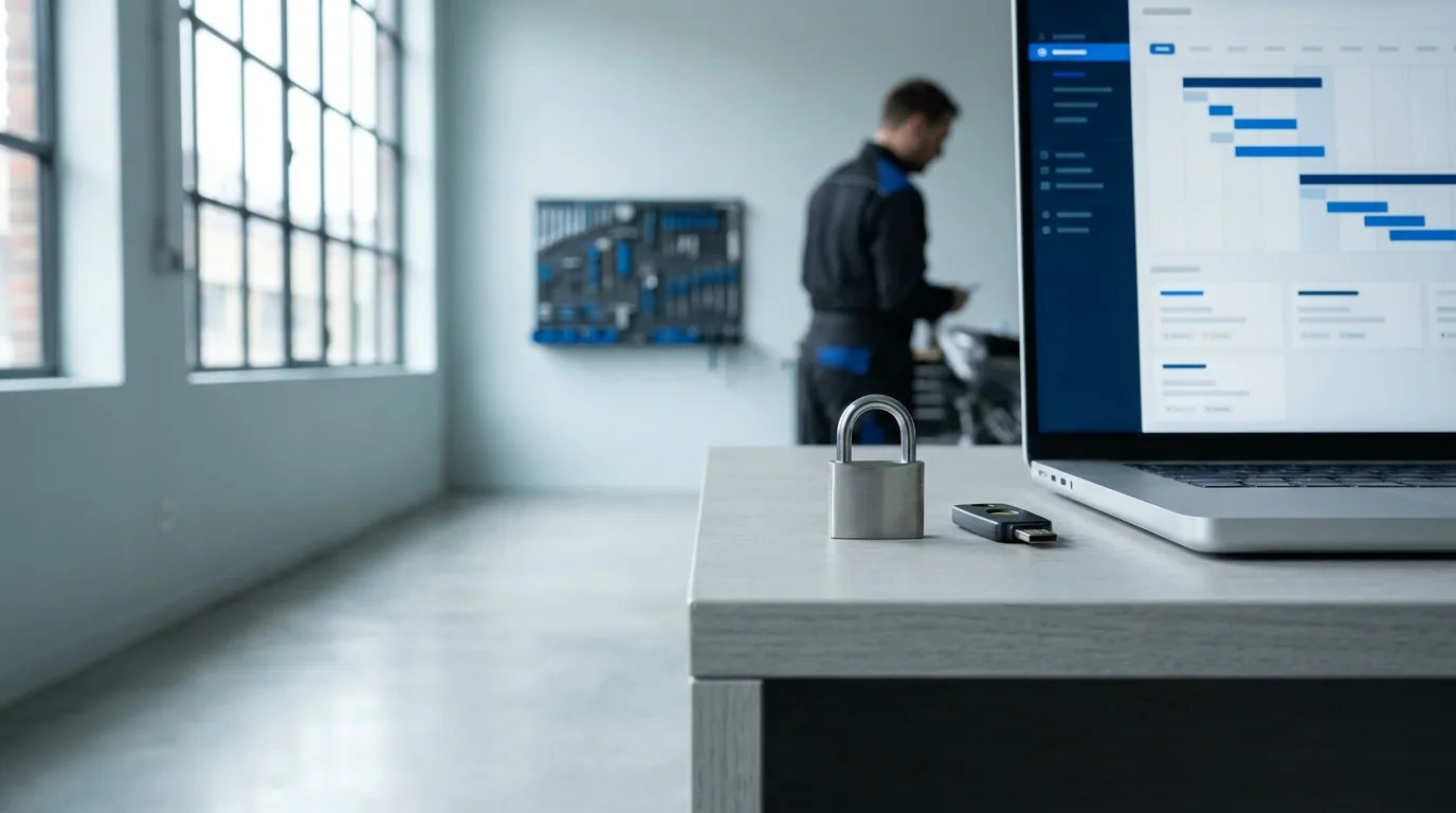 Clé de sécurité matérielle et cadenas sur un bureau : la clé d'intégration Mooteck protège chaque connecteur