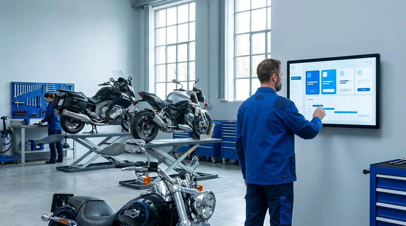 Atelier moto moderne : mécanicien devant l'écran du logiciel de gestion de garage Mooteck, motos sur ponts