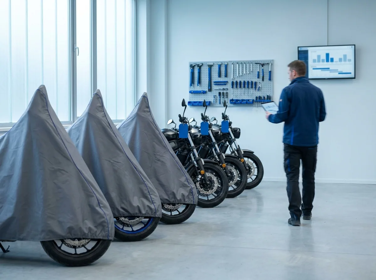 Motos en gardiennage sous housses avec étiquettes, service spécialisé géré dans Mooteck